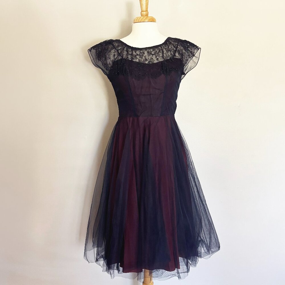 1950s Tulle Lace Navy Prom Dress